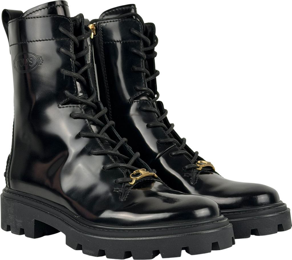 Tod's Black Embellished Glossed-leather Combat Boots UK 4 EU 37 👠