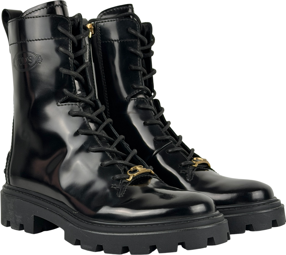 Tod's Black Embellished Glossed-leather Combat Boots UK 4 EU 37 👠