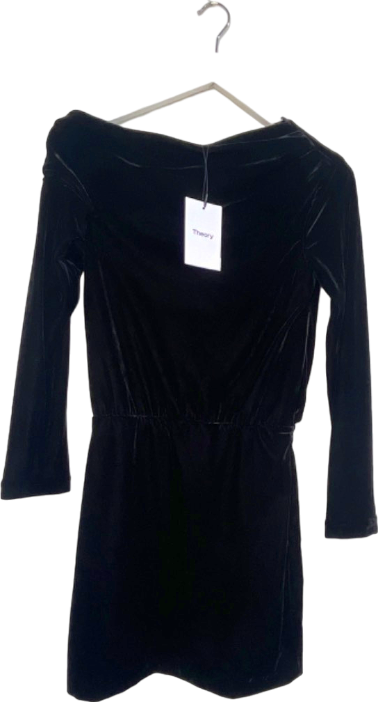 Theory Black Asymmetrical Off-Shoulder Drape Velvet 2 Dress UK 8