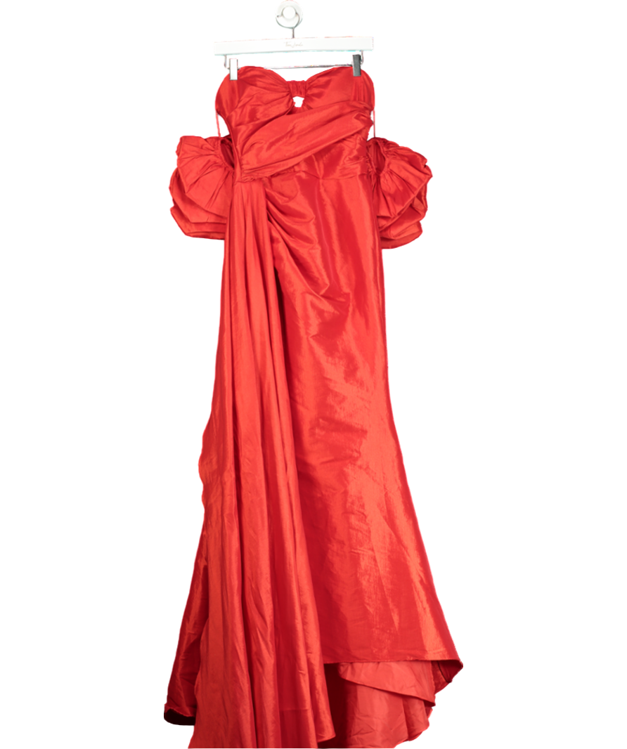 Smilprince Red Elegant Off-shoulder Puff Sleeve High Slit Sheath Long Dress UK XS