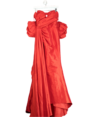 Smilprince Red Elegant Off-shoulder Puff Sleeve High Slit Sheath Long Dress UK XS