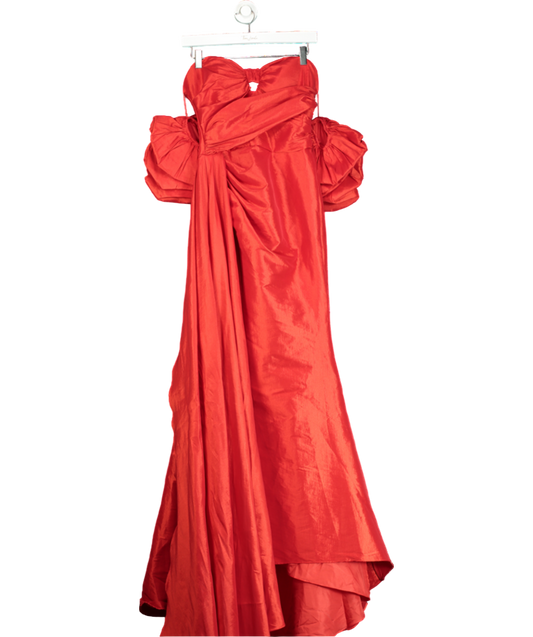 Smilprince Red Elegant Off-shoulder Puff Sleeve High Slit Sheath Long Dress UK XS