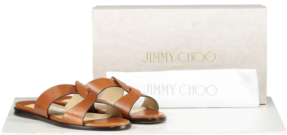 Jimmy Choo Brown Tan Smooth Leather Atia Crossover Strap Flat Slides BNIB UK 4 EU 37 👠