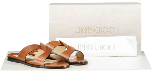 Jimmy Choo Brown Tan Smooth Leather Atia Crossover Strap Flat Slides BNIB UK 4 EU 37 👠