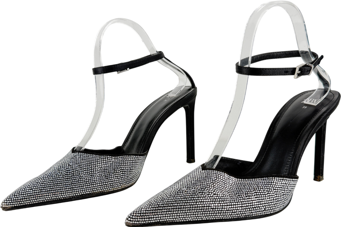 ZARA Black Rhinestone Heeled Mules UK 6 EU 39