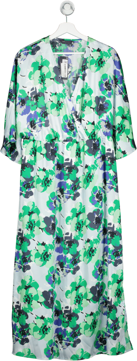 M&S Green Floral V-neck Midi Waisted Dress UK 14