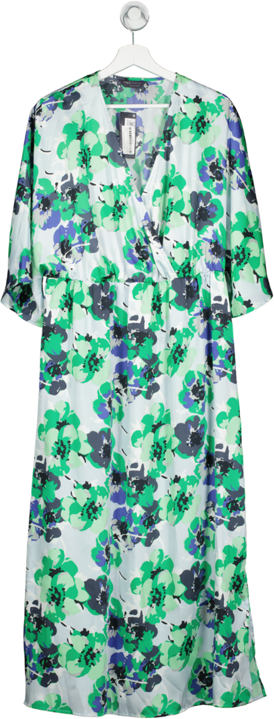 M&S Green Floral V-neck Midi Waisted Dress UK 14