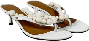 Charles & Keith White Leather Beaded Thong Kitten Heels - Chalk UK 4 EU 37