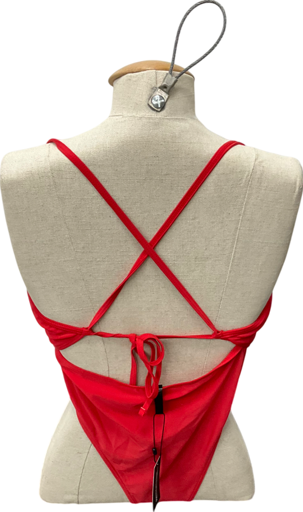PrettyLittleThing Red Plunge Tie Back Swimsuit UK 14