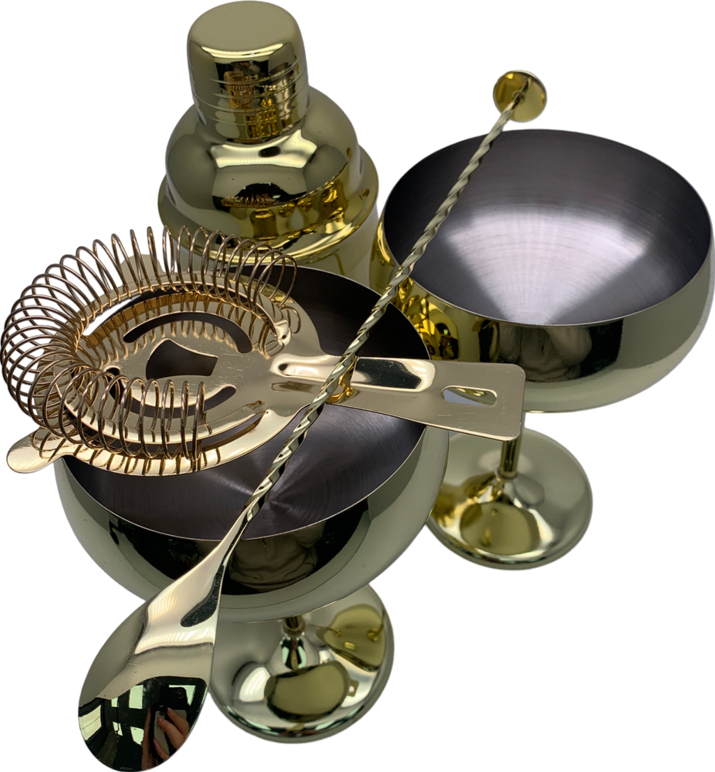 Gold Cocktail Set - French Cocktail Shaker, Bar Spoon & Julep Strainer And Glasses One Size