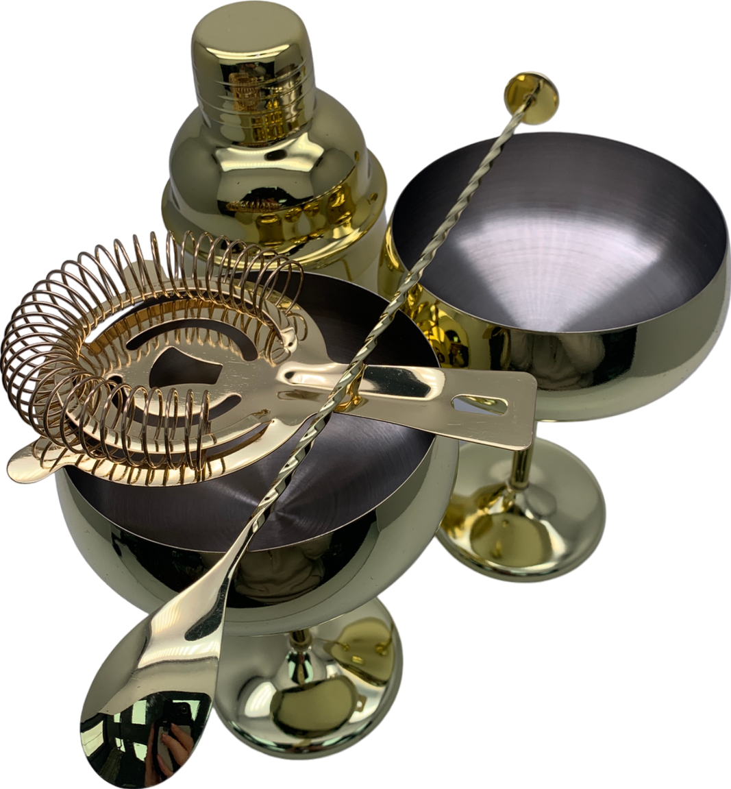 Gold Cocktail Set - French Cocktail Shaker, Bar Spoon & Julep Strainer And Glasses One Size