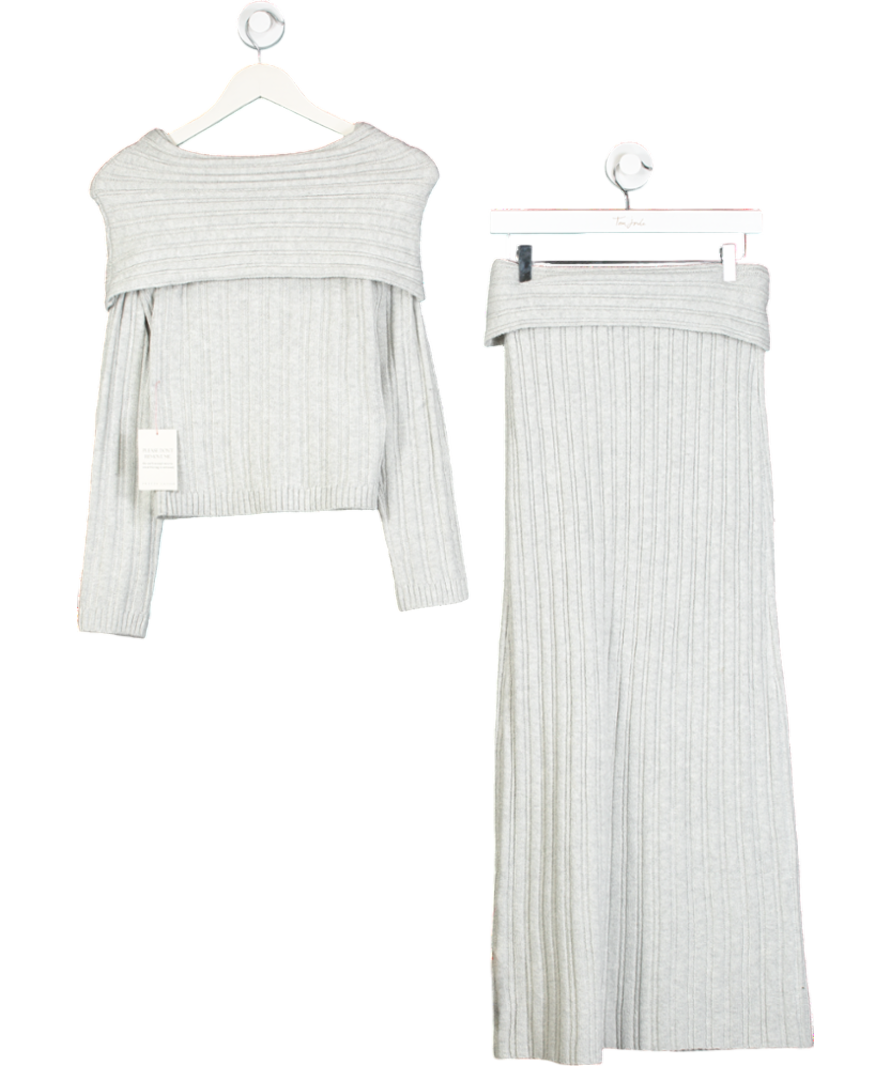 PRETTY LAVISH Grey Petra Bardot Cosy Rib Knit Jumper And Maxi Skirt UK XS