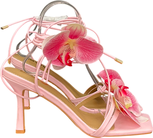Ego Sugar-essance Lace Up Flower Detail Square Toe Heel In Pink Faux Leather UK 6 EU 39
