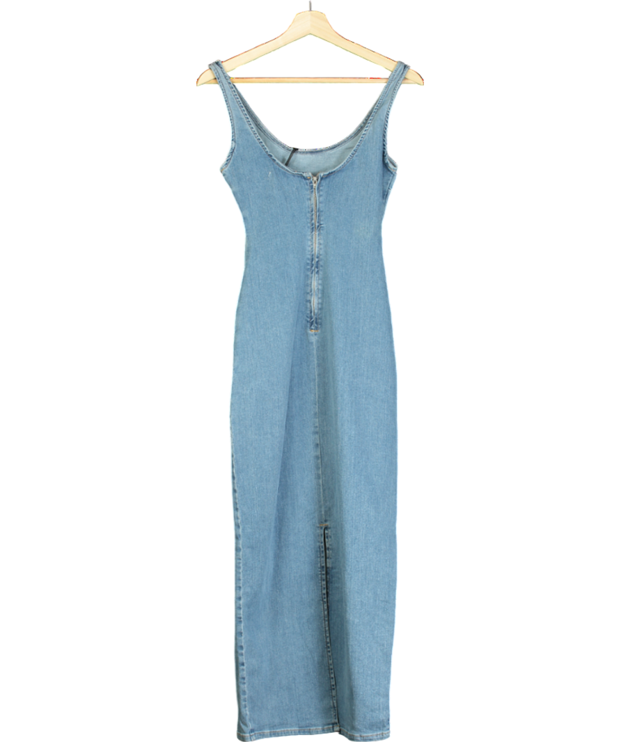 Pull&Bear Stretch Denim Maxi Dress With Split Detail In Medium Blue UK S