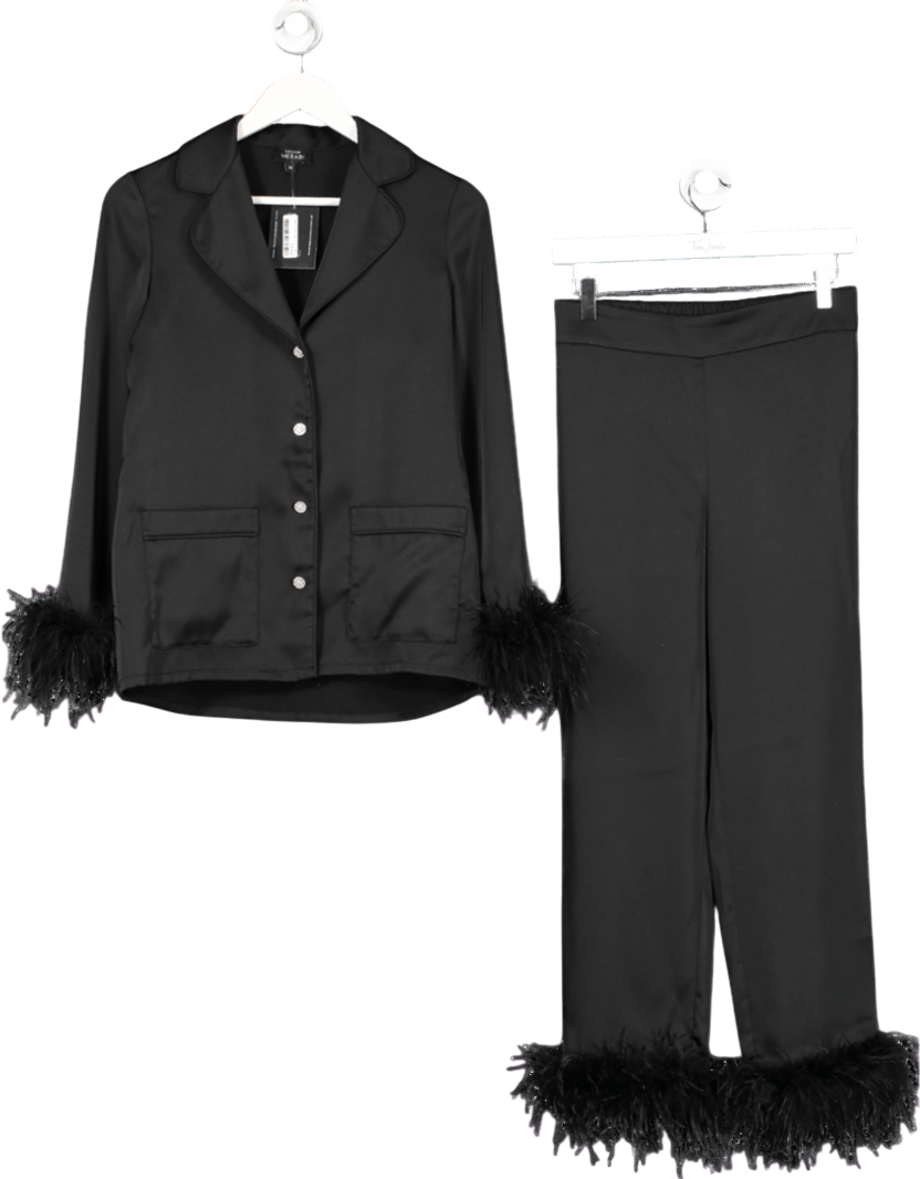 NADINE MERABI Darcie Black Satin Pyjama Set With Feather Trim And Crystal Buttons UK XS