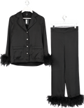 NADINE MERABI Darcie Black Satin Pyjama Set With Feather Trim And Crystal Buttons UK XS
