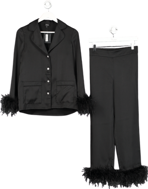 NADINE MERABI Darcie Black Satin Pyjama Set With Feather Trim And Crystal Buttons UK XS