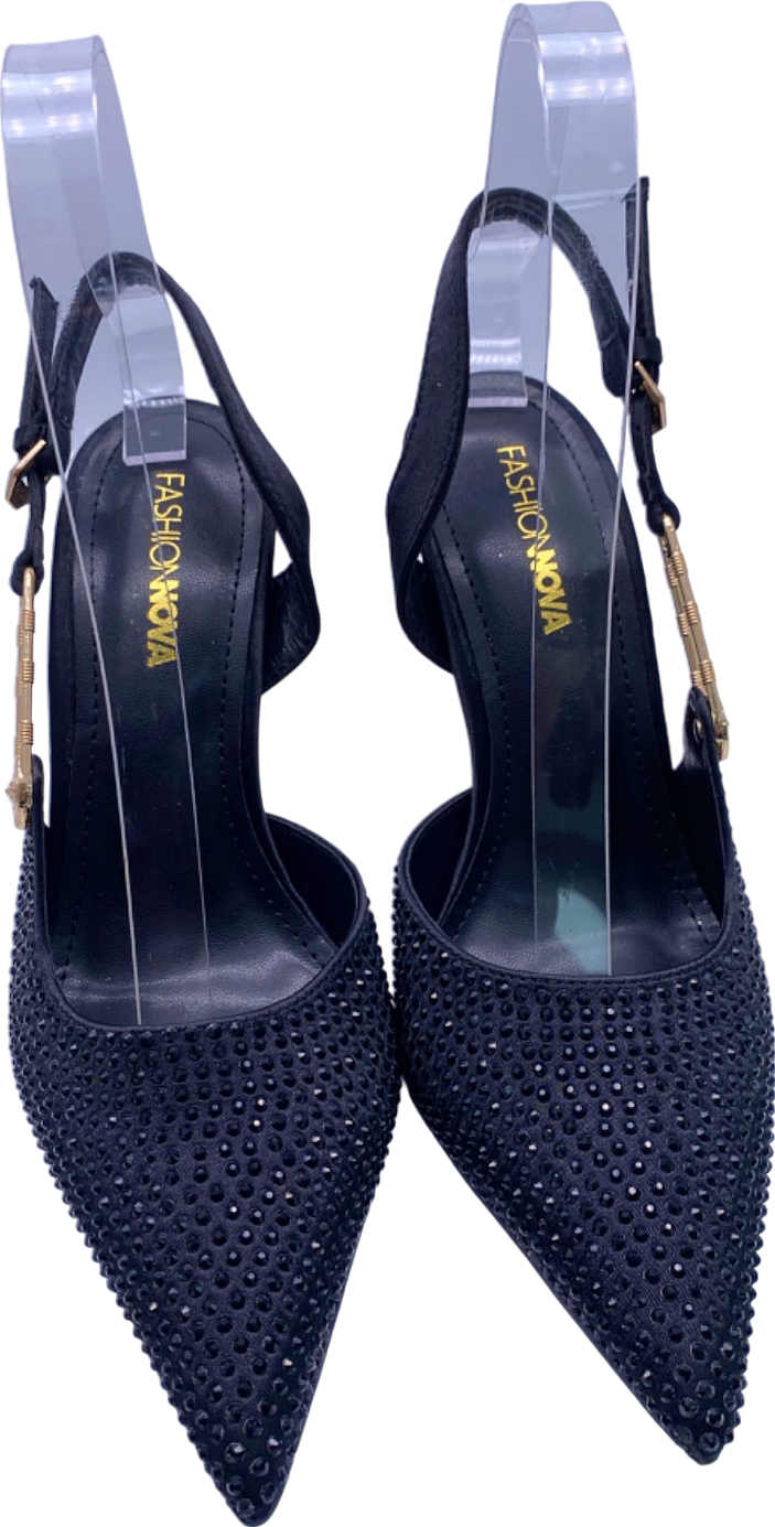 FashionNova Black Rhinestone Embellished Heels Slingback UK Size 6