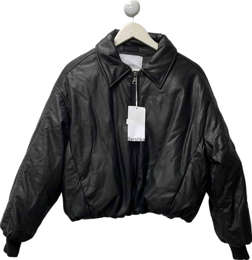 Bershka Black Leather Effect Puffer Jacket UK L