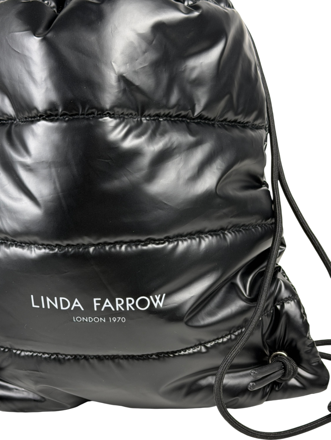 LINDA FARROW Black Hi-shine Puffer Branded Backpack