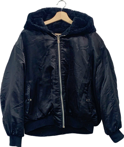 PrettyLittleThing Black Reversible Hooded Bomber Jacket Size UK 4