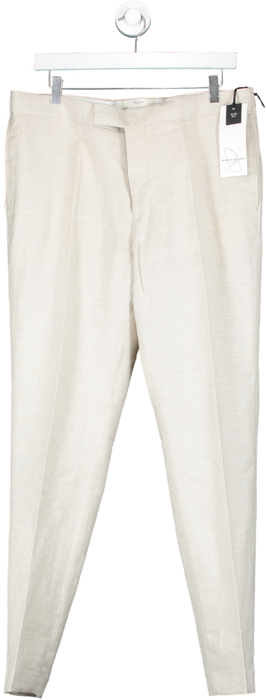 River Island Beige Slim Fit Linen Blend Suit Trousers W34