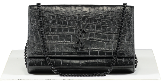 Saint Laurent Black Crocodile-embossed Leather Logo Crossbody / Shoulder Bag