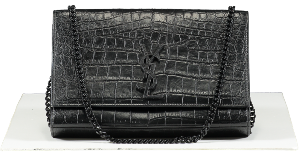 Saint Laurent Black Crocodile-embossed Leather Logo Crossbody / Shoulder Bag
