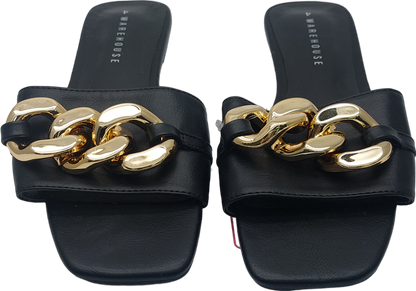 Warehouse Black Flat Sandals With Chunky Gold Chain UK 4 EU 37 👠