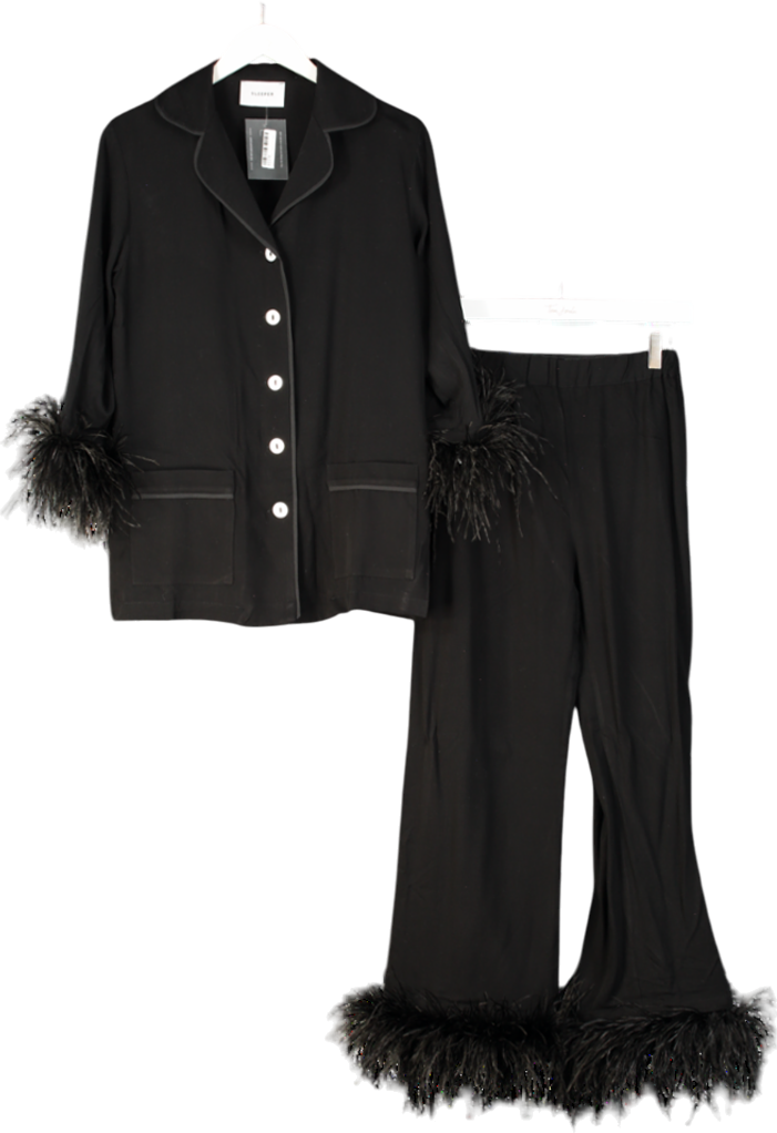Sleeper Black Party Feather-trimmed Crepe De Chine Pyjama Set UK S