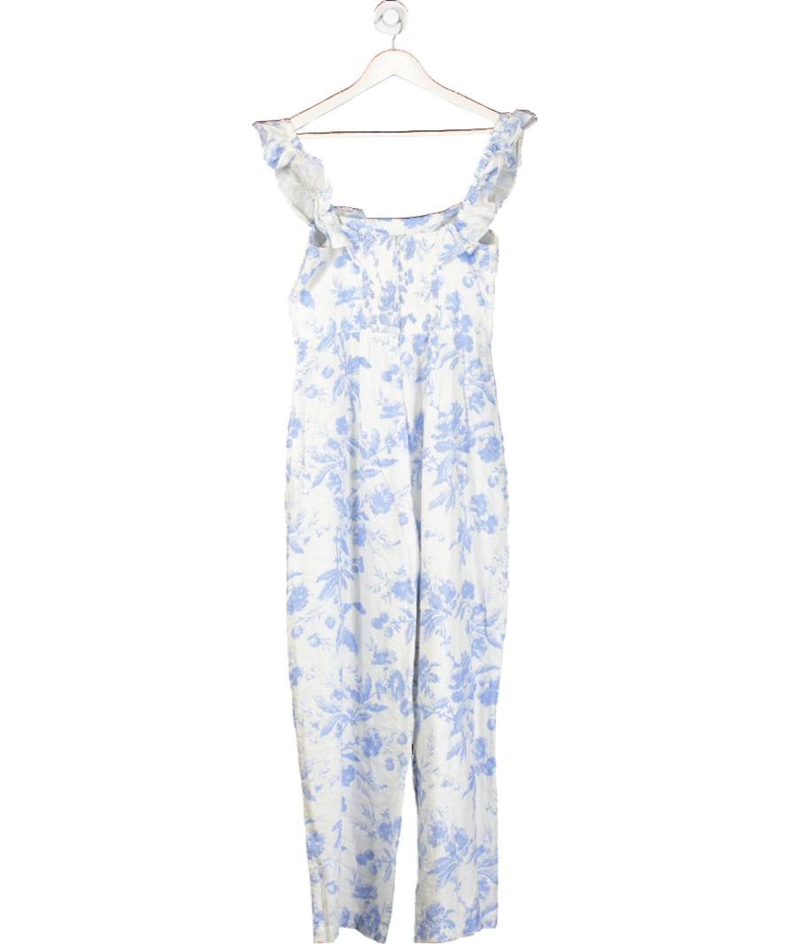 & Other Stories White / Blue Linen Floral Print Jumpsuit UK M