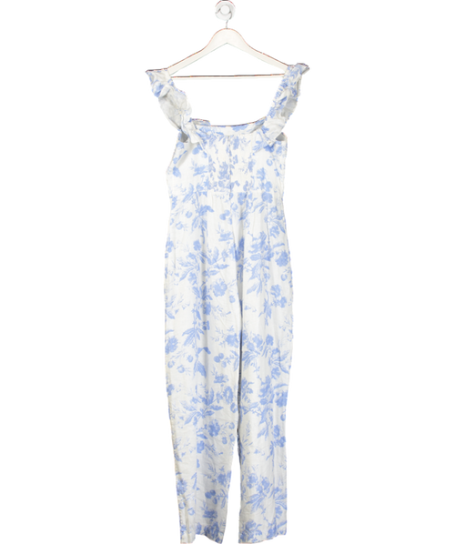 & Other Stories White / Blue Linen Floral Print Jumpsuit UK M