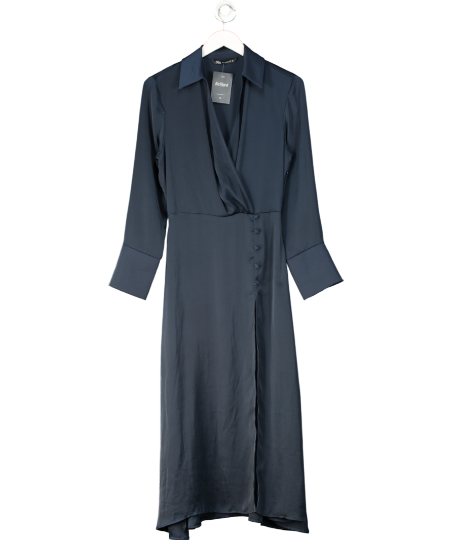 ZARA Blue Satin Long Sleeve Midi Dress UK S