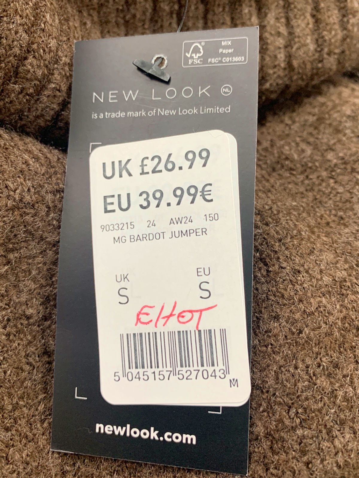 New Look Brown MG Bardot Jumper UK S