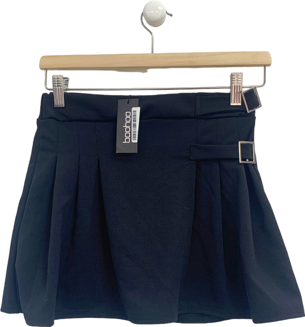Boohoo Black Crepe Pleated Buckle Detail Tennis Skirt UK 10