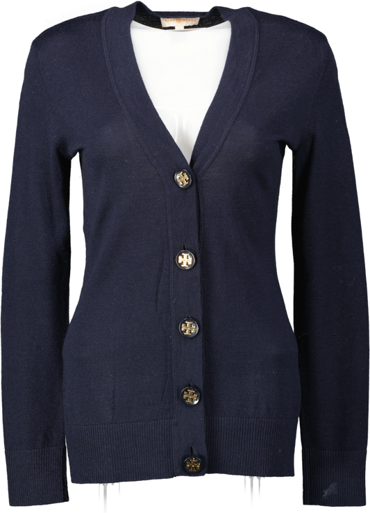 Tory Burch Navy Blue Merino Wool V-neck Cardigan With Logo Buttons UK S