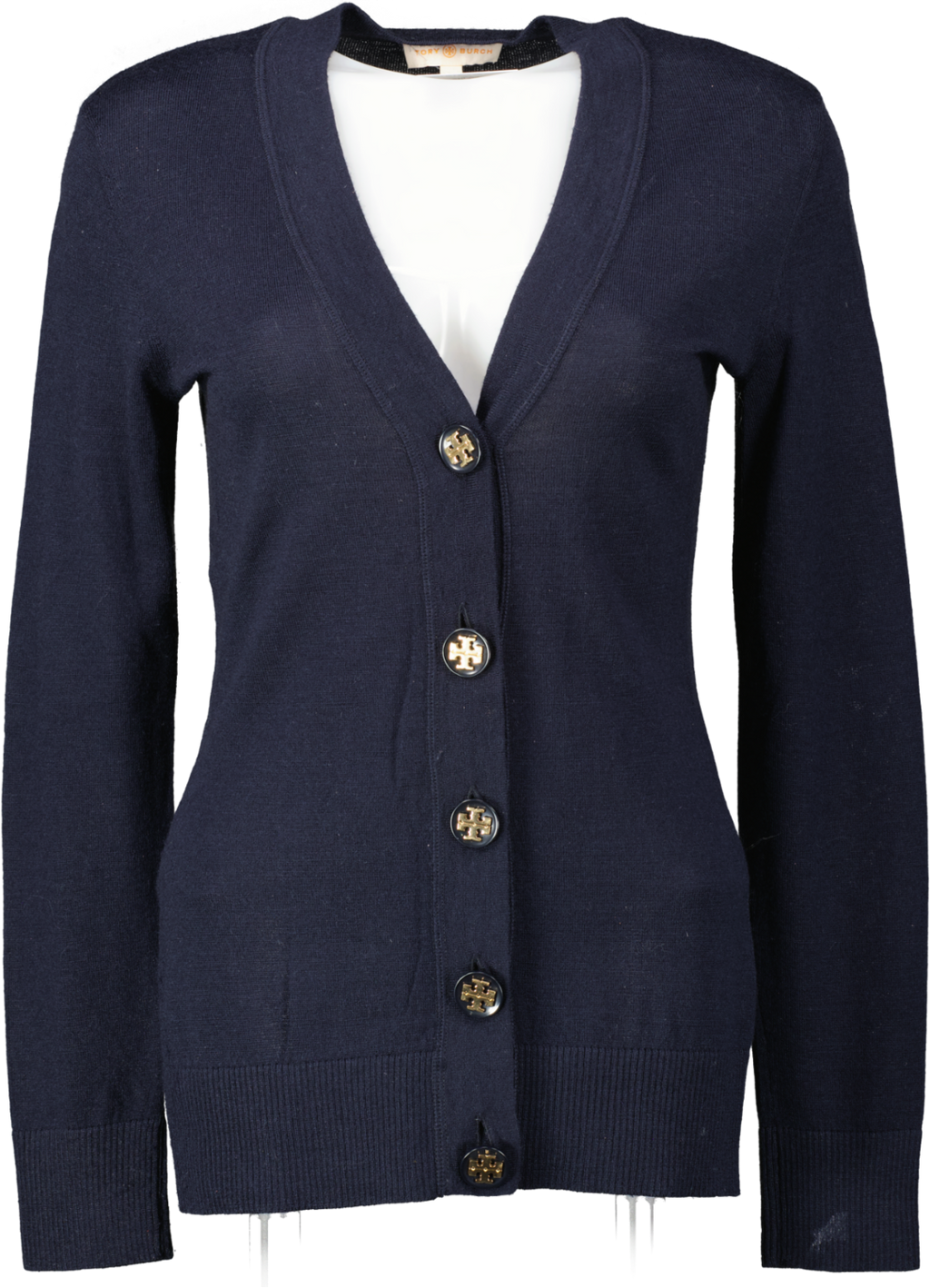 Tory Burch Navy Blue Merino Wool V-neck Cardigan With Logo Buttons UK S