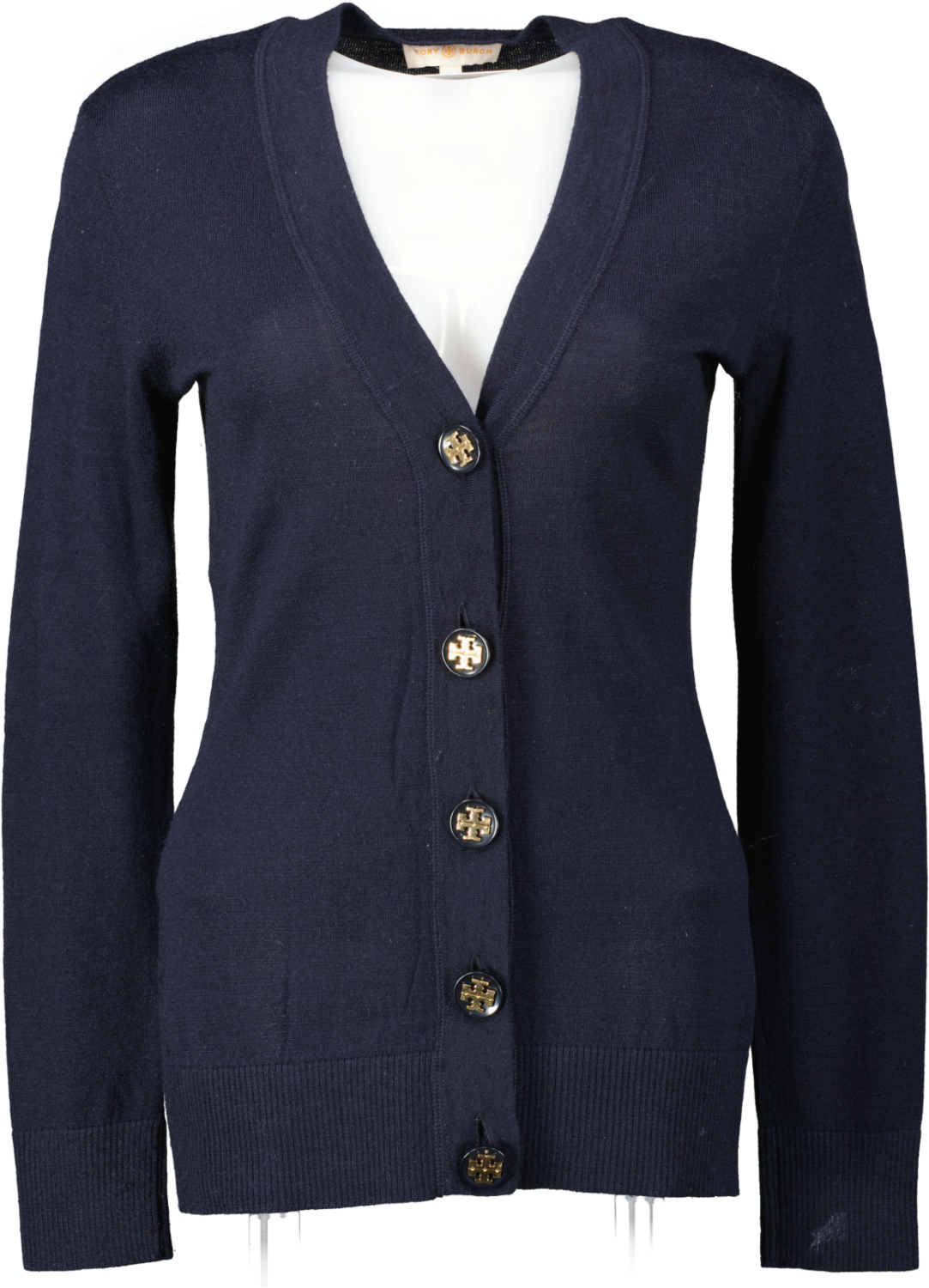 Tory Burch Navy Blue Merino Wool V-neck Cardigan With Logo Buttons UK S