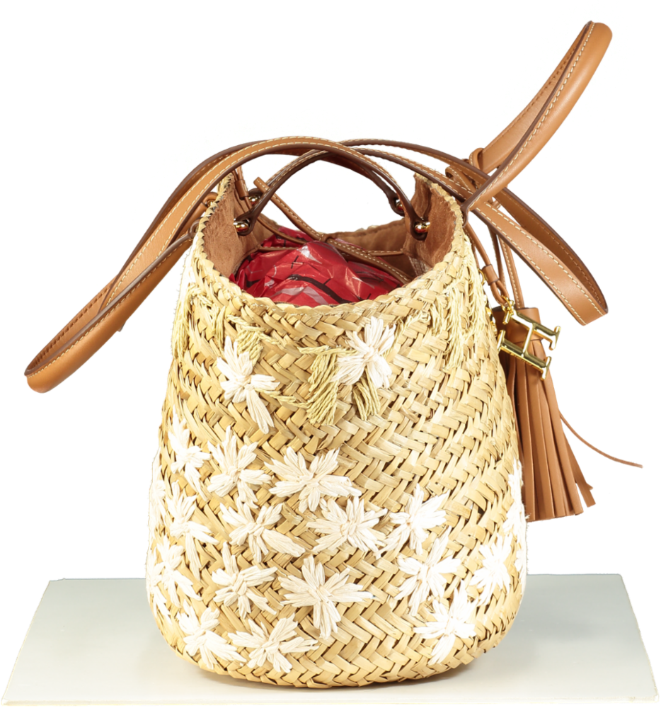 Carolina Herrera Capazo CHHC Beige Straw & Tan Leather Beach Tote Basket Bag