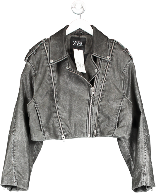 ZARA Black Distressed Leather Biker Jacket UK L