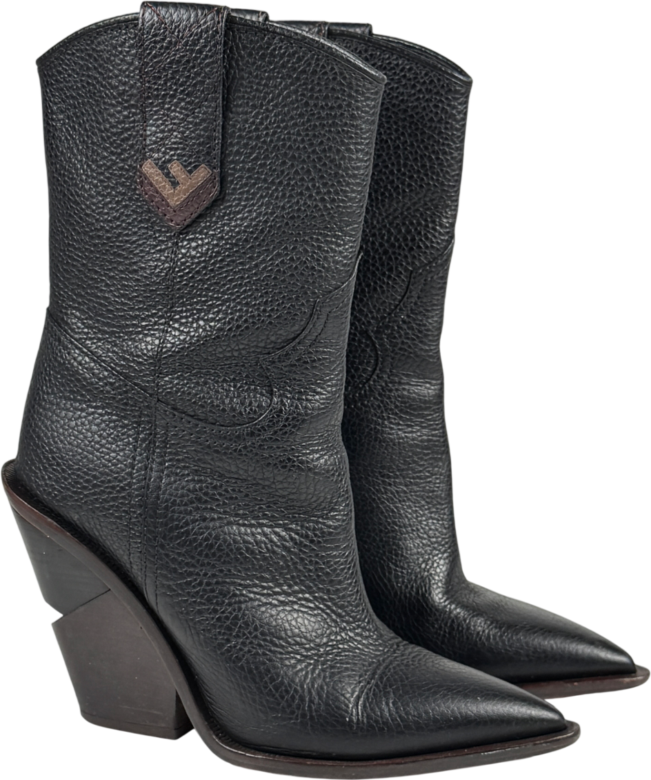 FENDI Black Grained Leather 'f"logo Cutwalk Western Boots UK 5 EU 38 👠