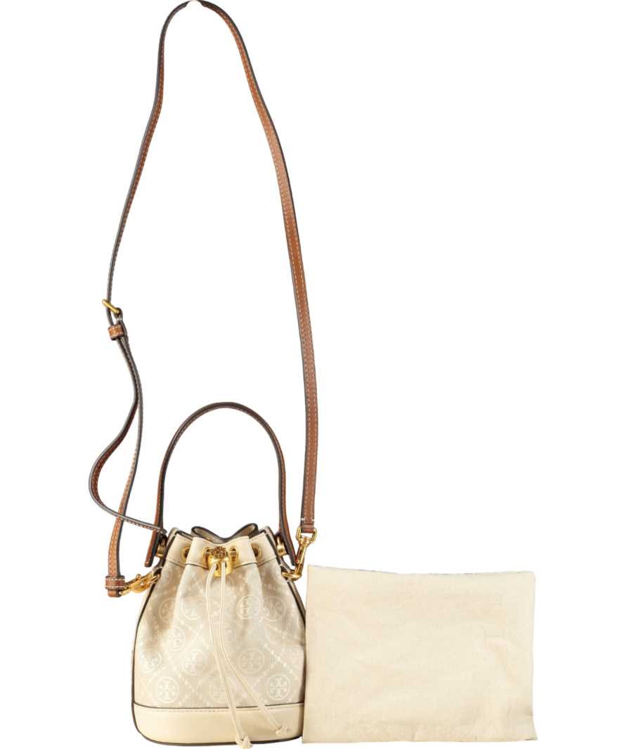 Tory Burch Cream Mini T Monogram Bucket Bag One Size