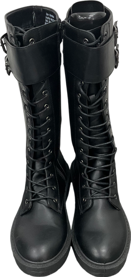 Be You Black Knee High Buckle Strap Lace Up Boots UK 7 EU 40 👠
