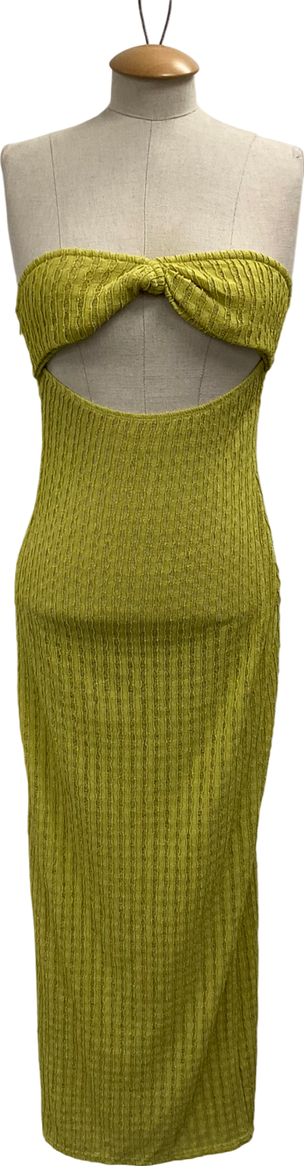 PrettyLittleThing Green Shape Olive Textured Sheer Twist Bandeau Maxi Dress UK 10