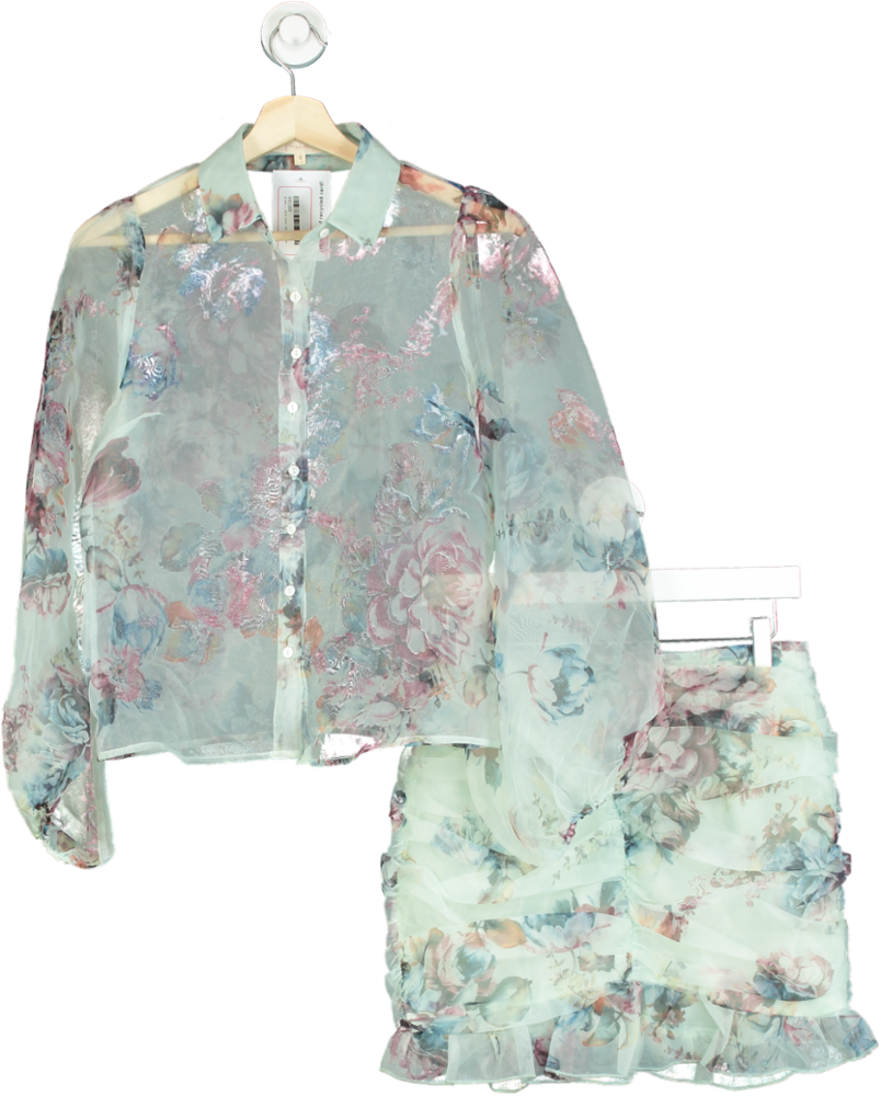 Fanco Pastel Floral Sheer Blouse and Ruffle Skirt Set UK S