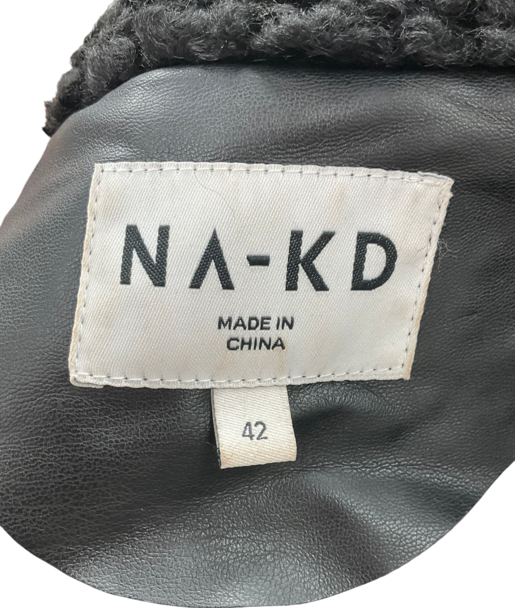 NA-KD Black Bonded Faux Fur Detailed Pu Coat UK 14