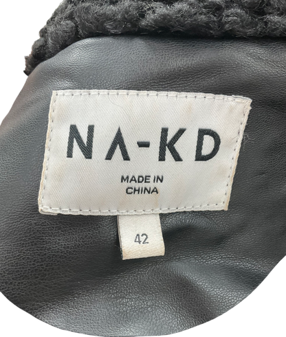 NA-KD Black Bonded Faux Fur Detailed Pu Coat UK 14