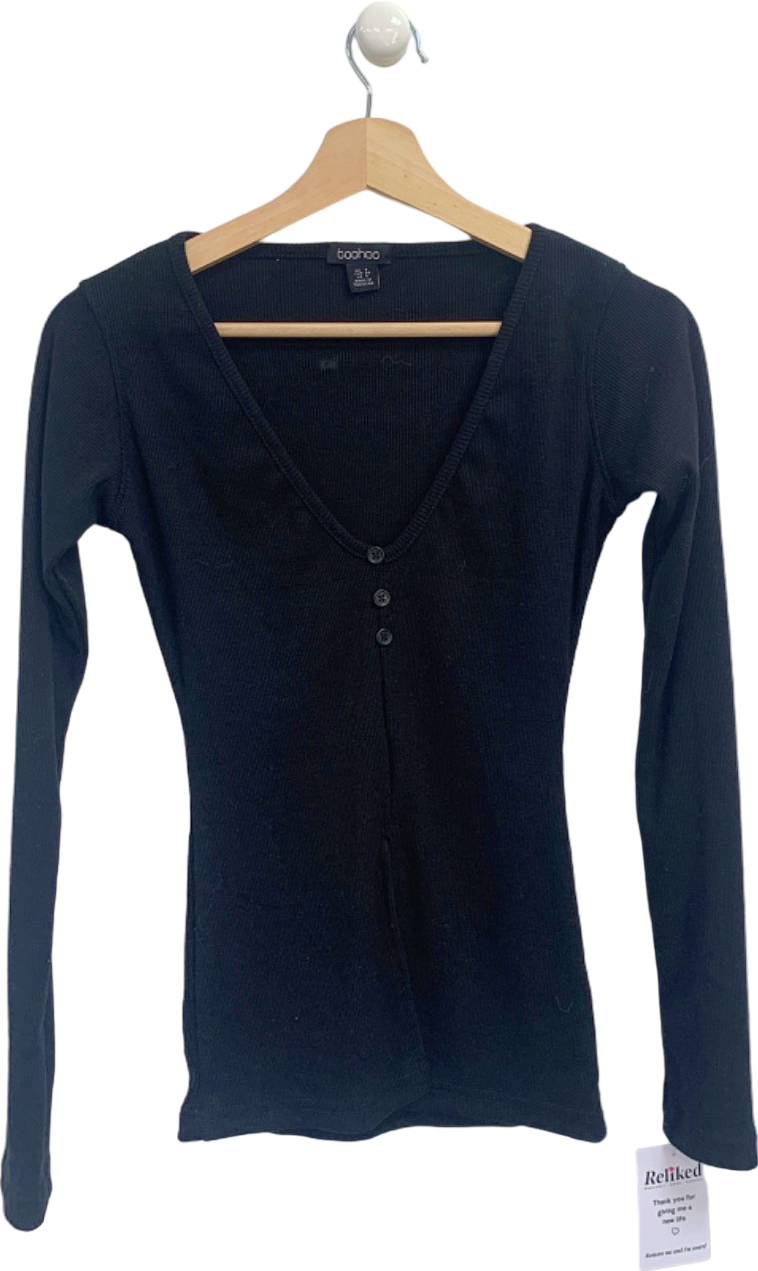 Boohoo Black V-Neck Button Ribbed Top UK 8