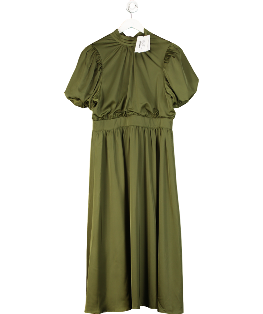 Club L Green Persea Olive Satin Puff-sleeve Midi Dress With Bow UK 16