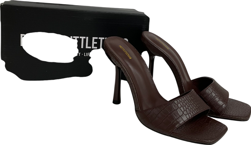 PrettyLittleThing Brown Chocolate Pu Croc Square Toe Heeled Mule Sandals UK 6